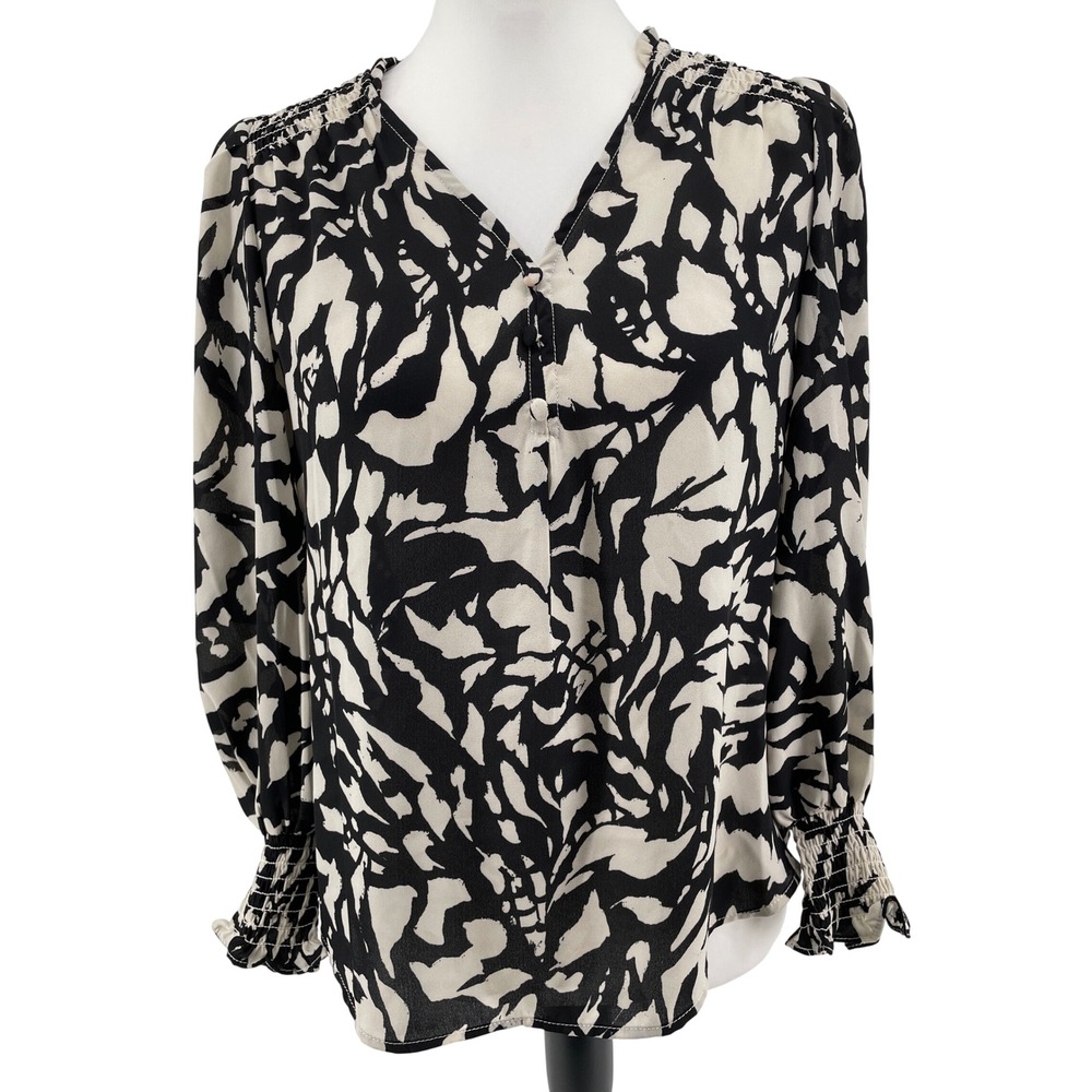 T Tahari Top Womens Small Black Cream Abstract Floral Romantic Ruffle Artsy Boho